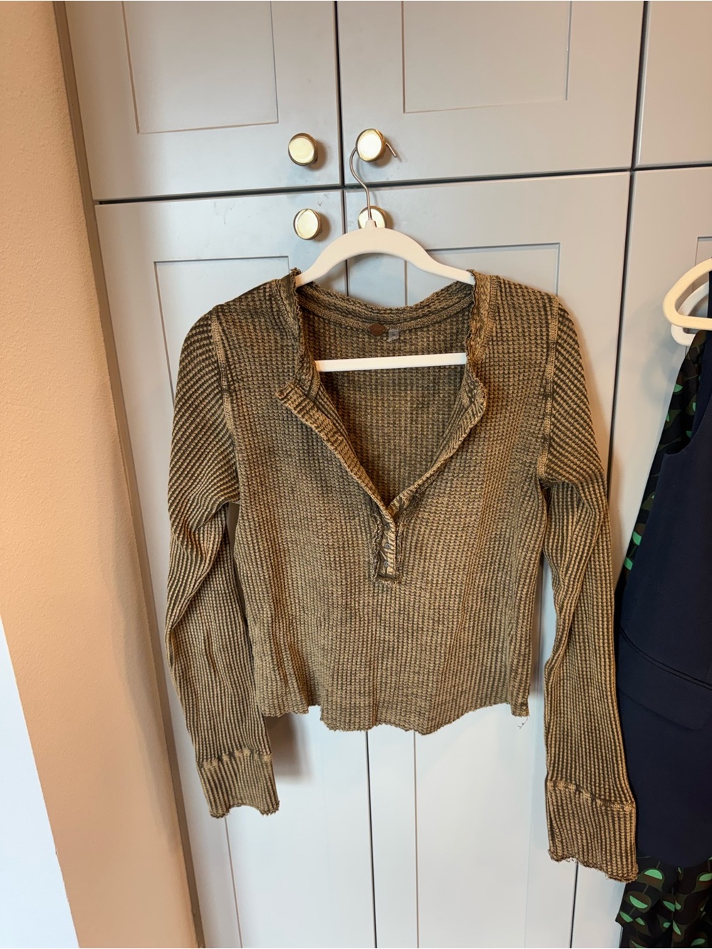 Free People Ribbed Waffle-Knit Henley Top in Olive Brown